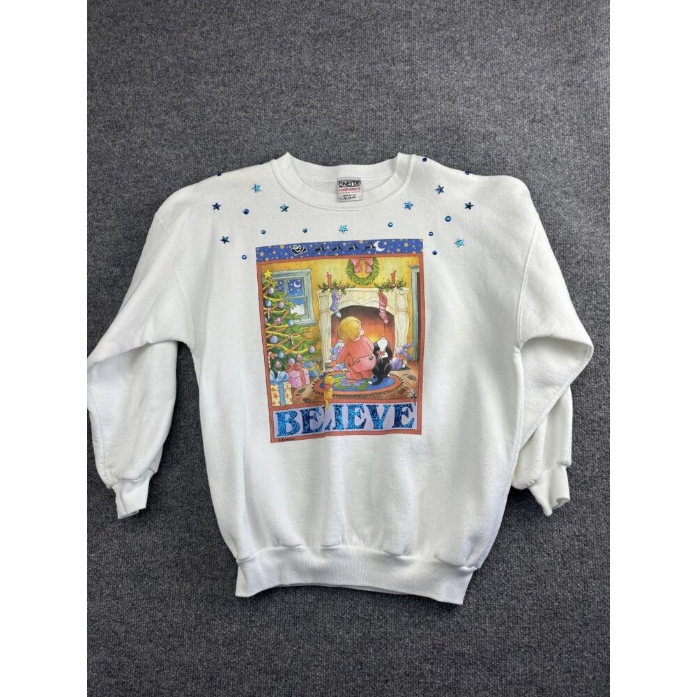 Vintage Oneita Sweatshirt Womens XL‎ Believe Christmas Holiday Glitter 90s USA